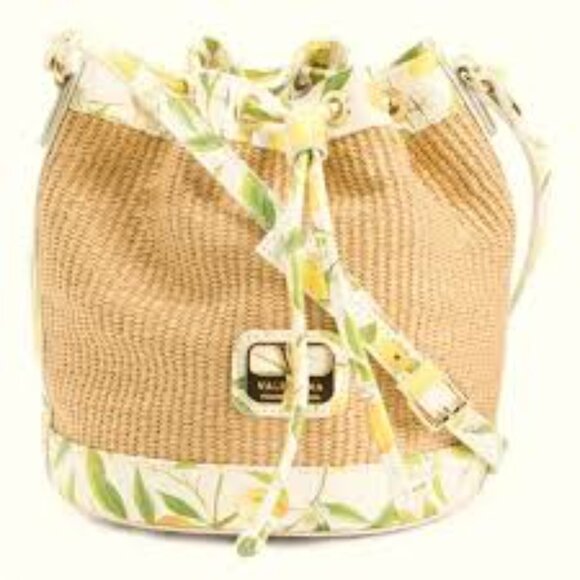Valentina raffia lemon crossbody bucket leather bag purse Made in Italy - Picture 1 of 9